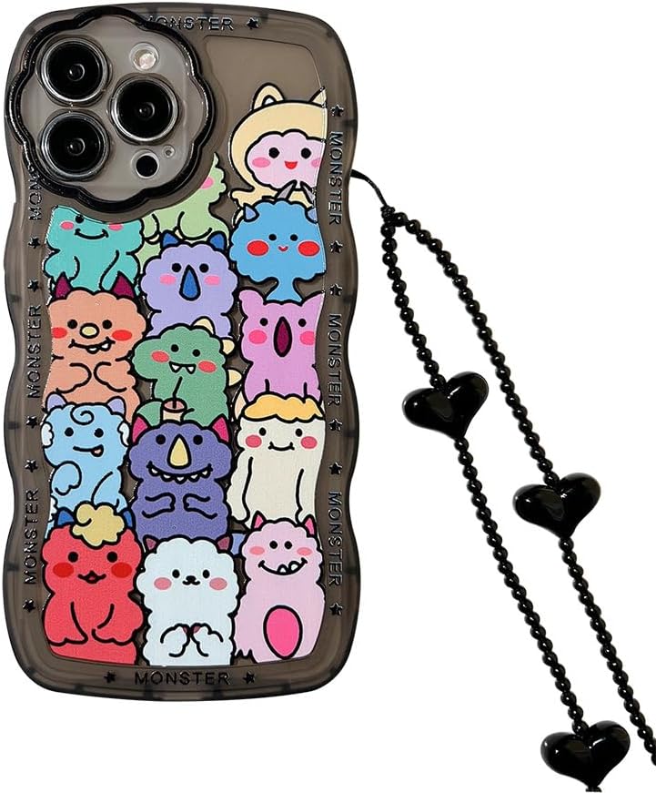 LOLAGIGI Funda negra para iPhone 13 Pro Max con forma de marco de onda rizada de monstruos de dibujos animados Kawaii, diseño femenino de dibujos