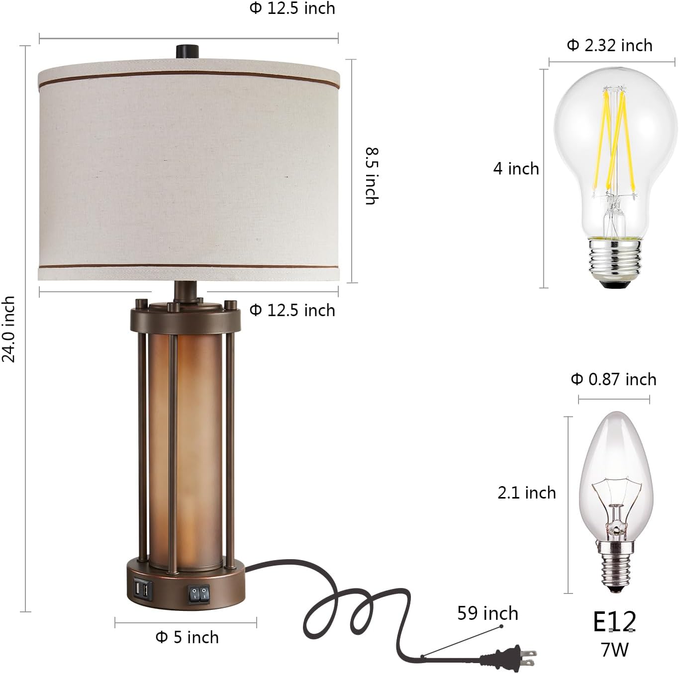 Juego de 2 lámparas de mesa de granja para sala de estar con 2 puertos USB, lámparas rústicas vintage con luz nocturna de vidrio ámbar, lámparas de