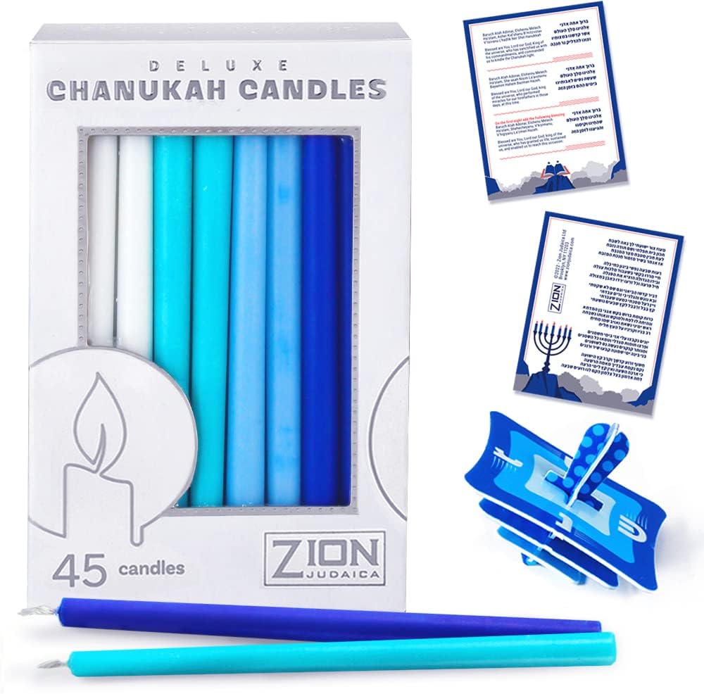 Zion Judaica – Caja de 45 velas festivas de Janucá con tarjeta de oración y Dreidel de bricolaje, se adapta a menorás estándar para las 8 noches de
