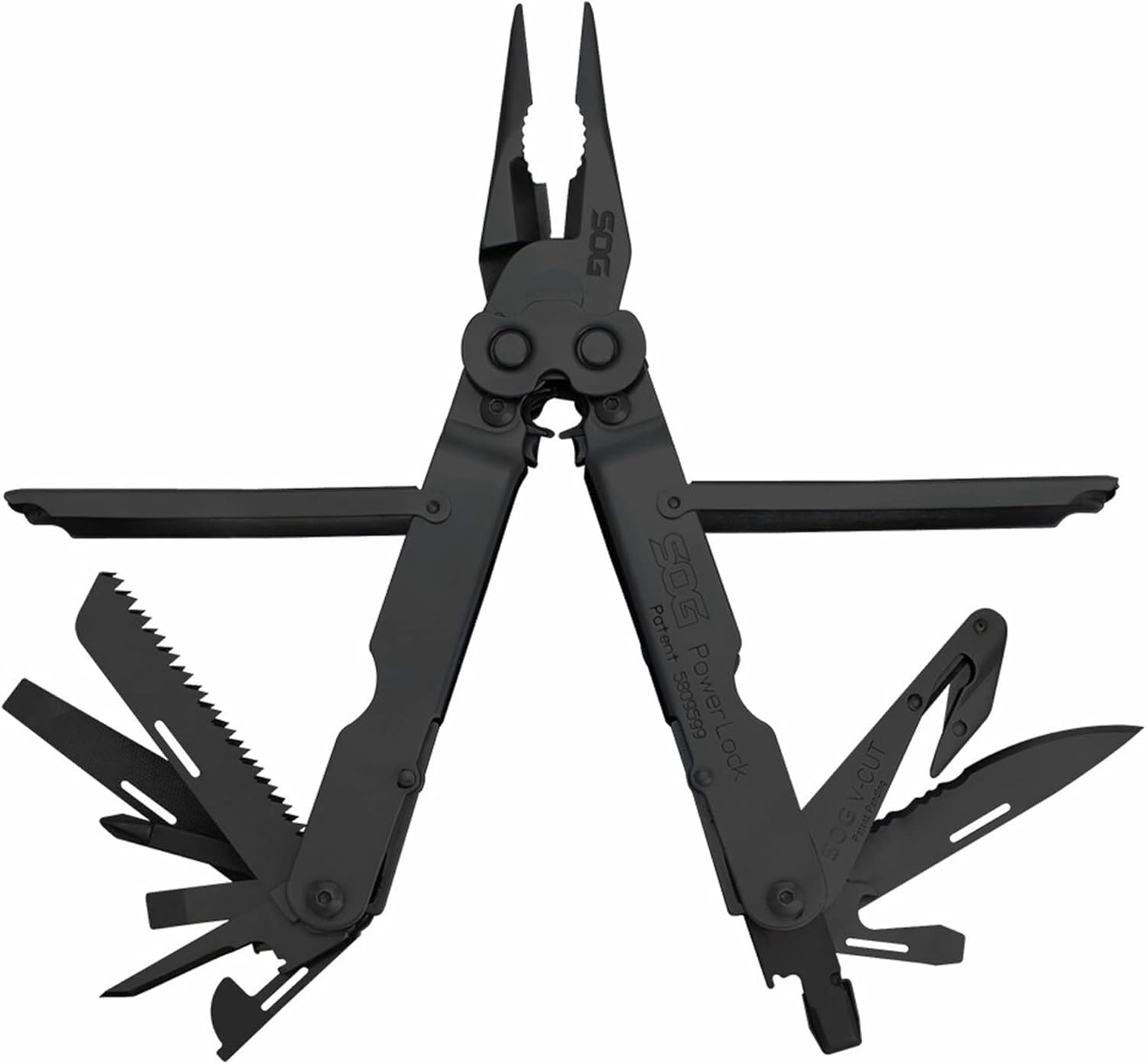 Multiherramienta PowerLock EOD SOG con cúter de seguridad, 18 herramientas, color óxido negro, B63N