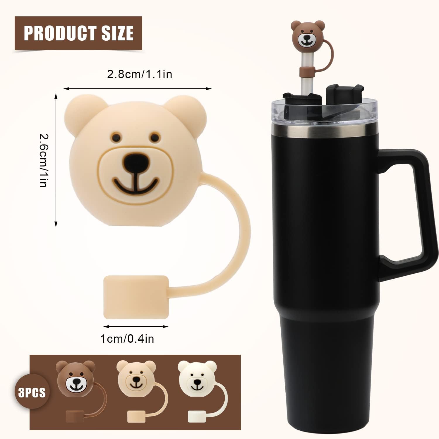 3 fundas para popote de oso, bonitas fundas de popote de silicona suave de dibujos animados, tapas protectoras sin BPA compatible con Stanley Straws