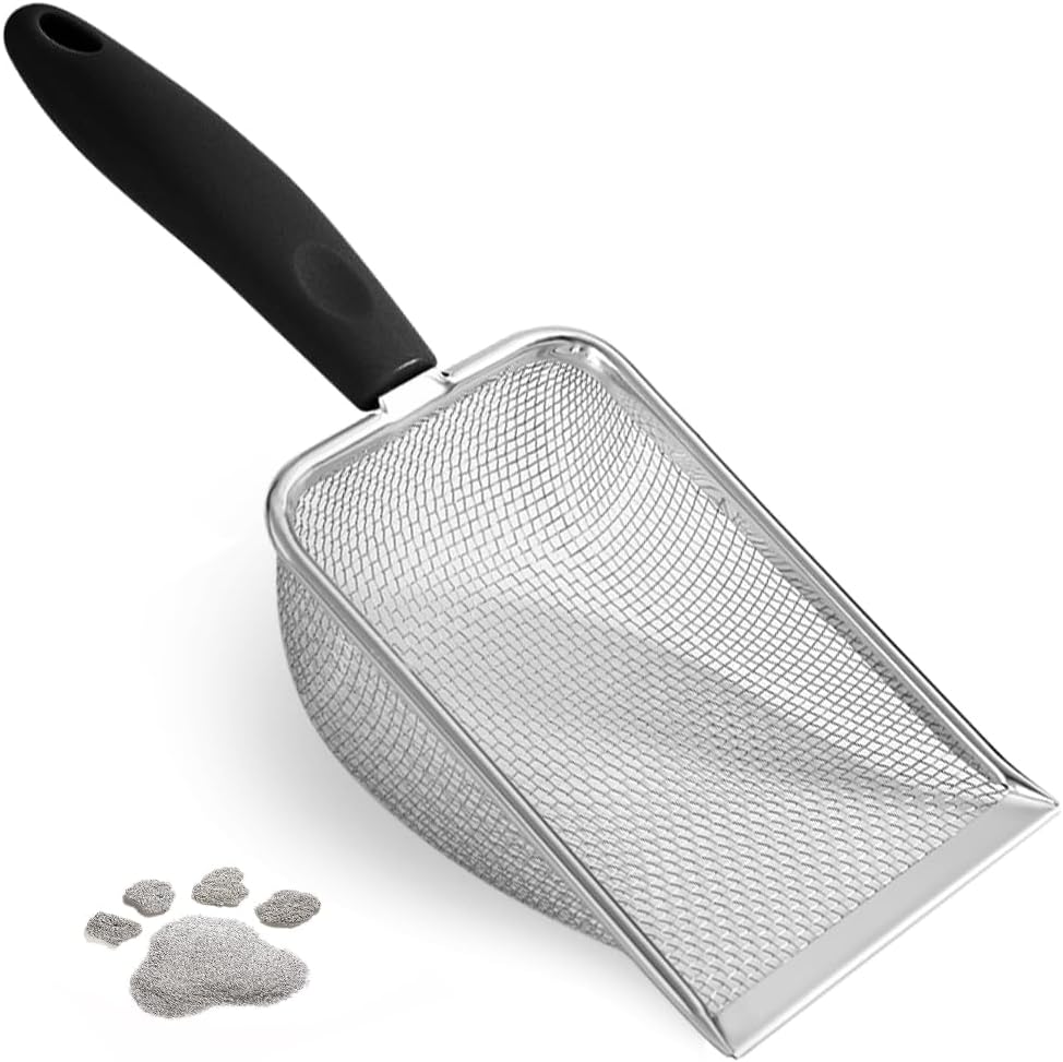 Cuchara de arena para gatos, pala de arena de malla de acero inoxidable, pala profunda, pala de esquina confiable para limpiadores de arenas, pala