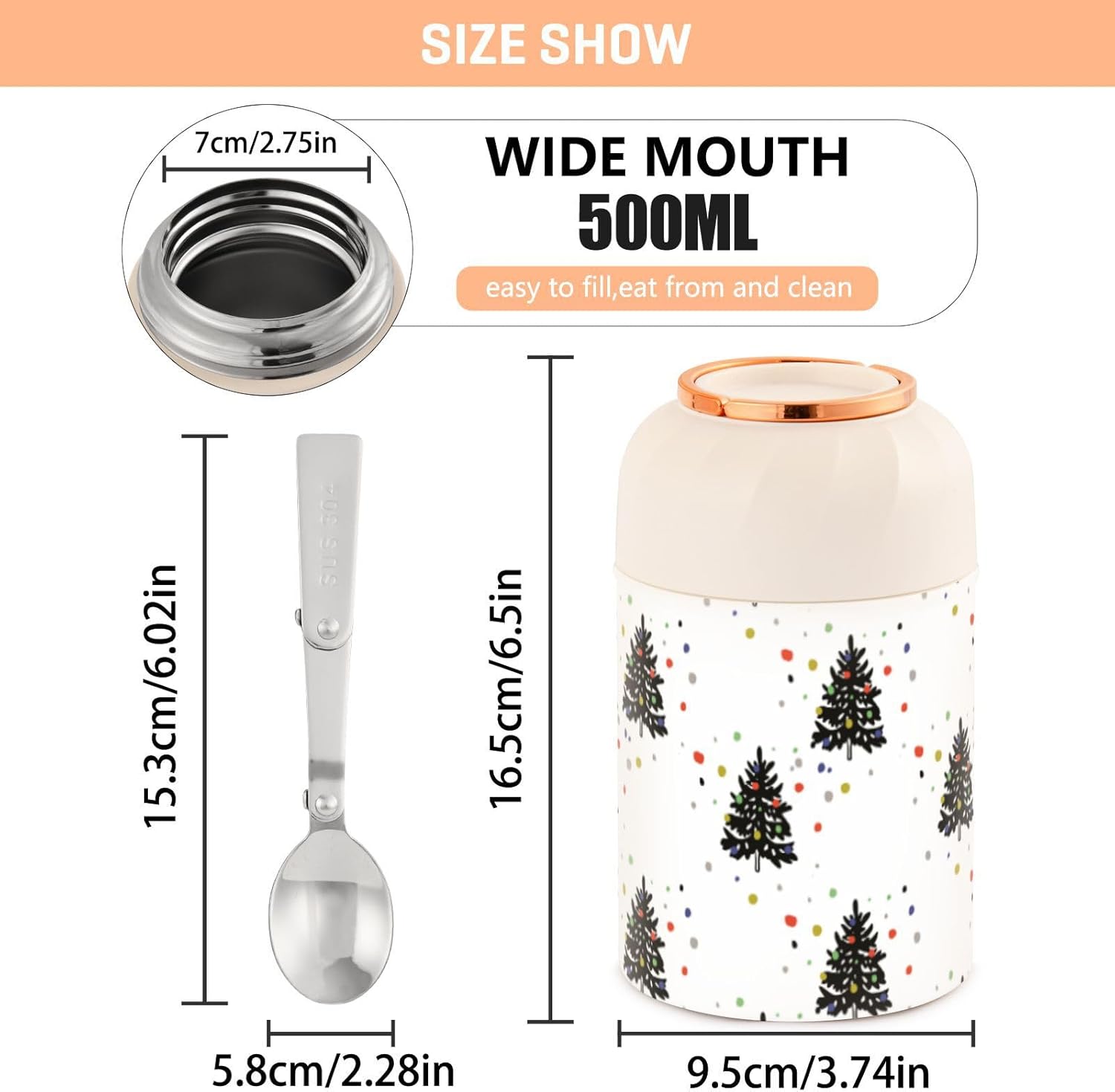 Christmas Fir Trees Kids Womens Lunch Insulated Jar with Spoon 17oz500ml Warm Lunch Container Stainless Steel Vacuum Food Warmer Food Container for