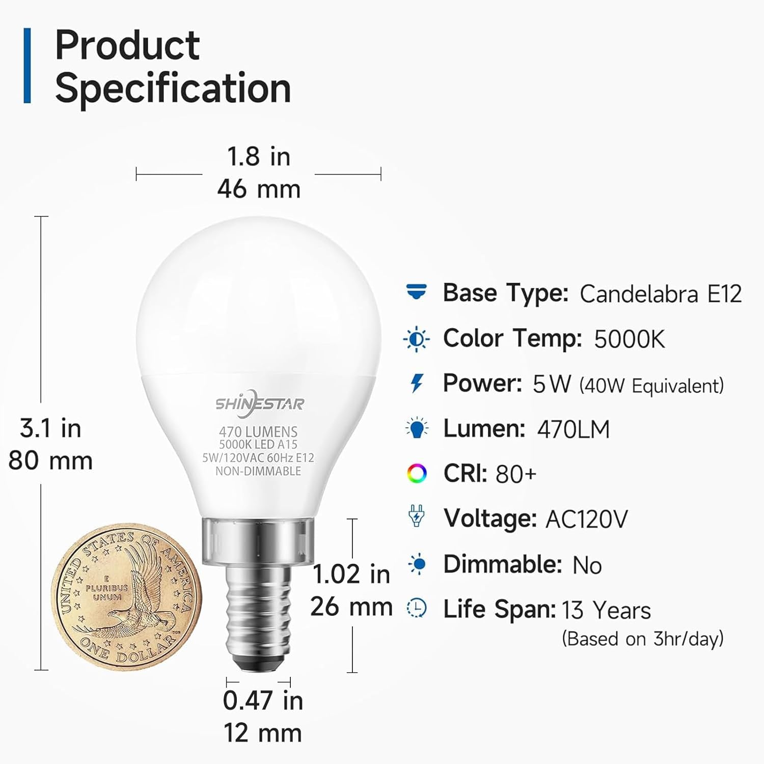 SHINESTAR Paquete de 6 bombillas para ventilador de techo, base pequeña E12, equivalente a 120 V 40 W, luz diurna de 5000 K, bombilla LED para