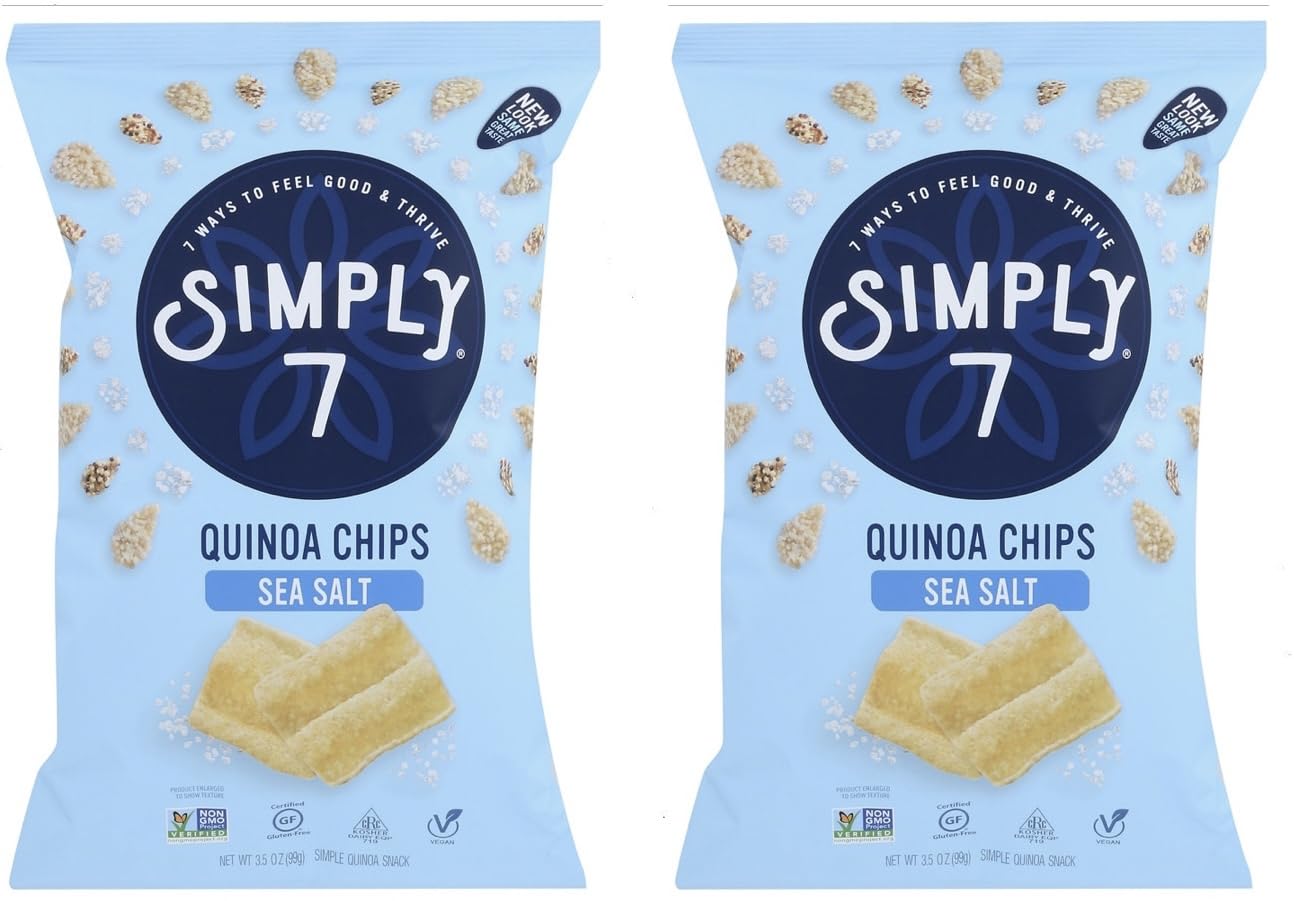 Simply 7 – Paquete de 2 chips de quinua con sal marina y pegatina GTF y palito de goma de mascar de menta verde