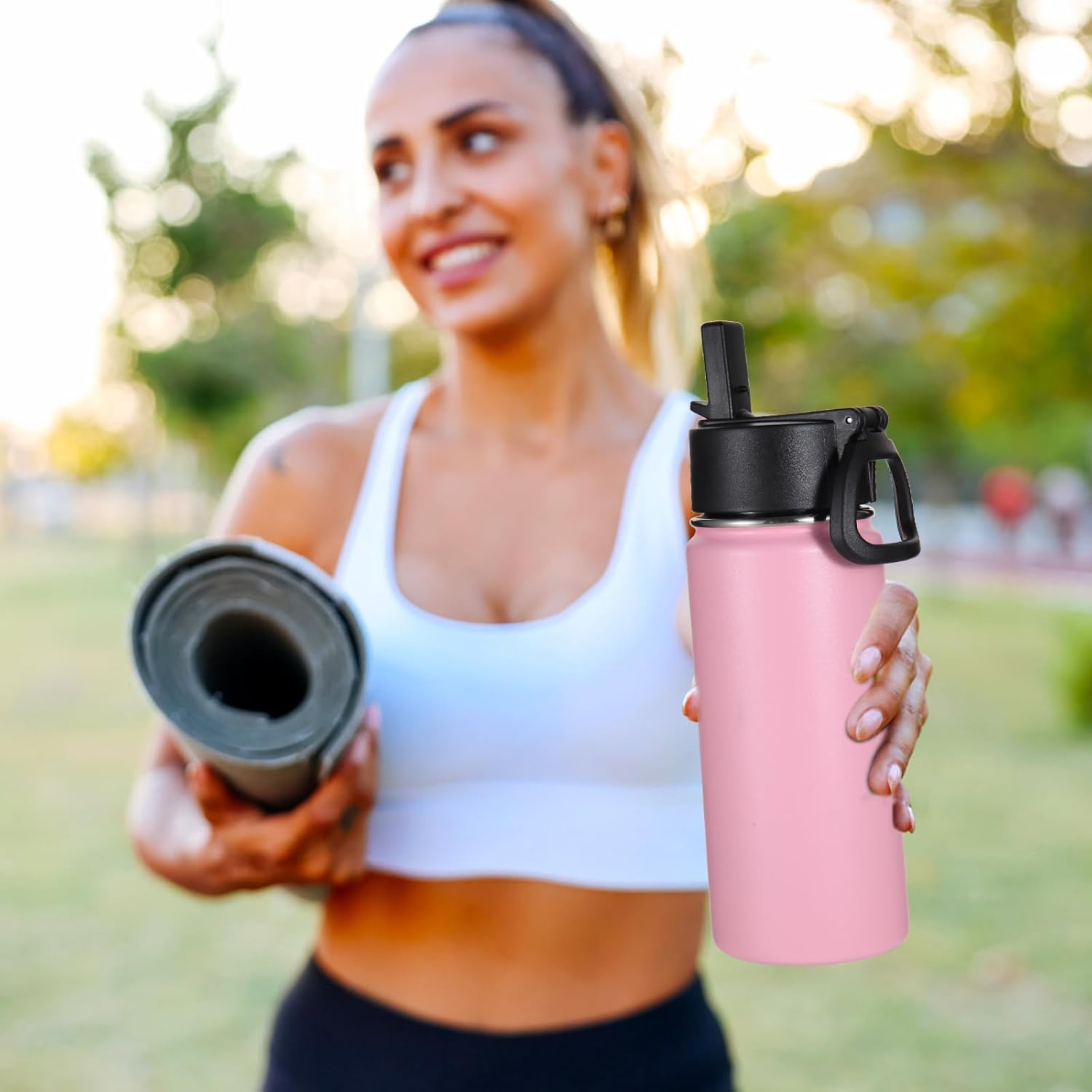 Volhoply Botella de agua aislada para niños con popote, botellas de agua fría de acero inoxidable de 16 onzas para la escuela, vasos de boca ancha