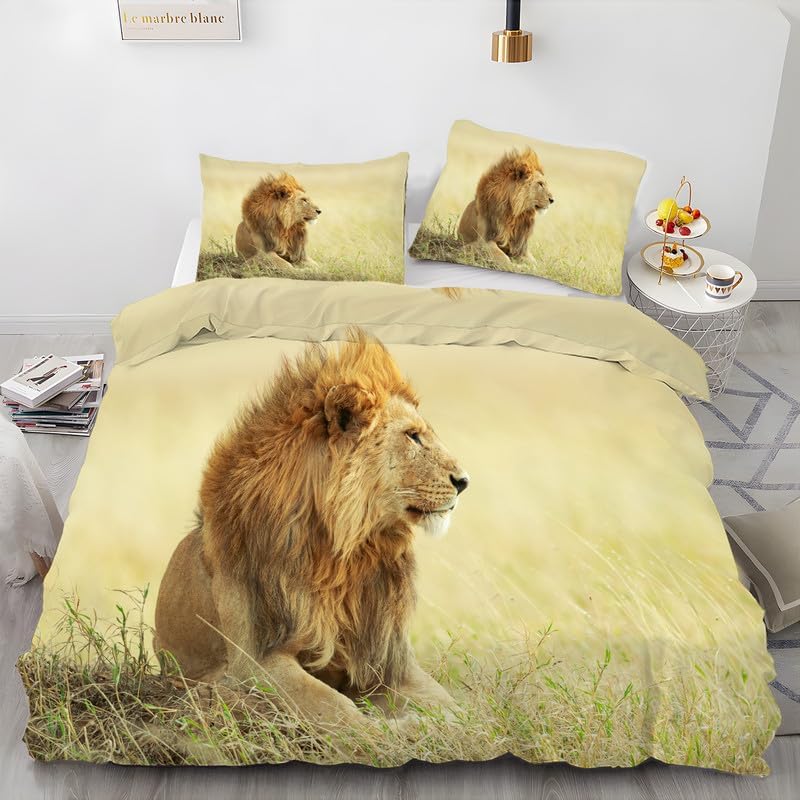 Juego de funda de edredón con estampado de animales de león amarillo, tamaño Queen, funda de edredón de microfibra suave y 2 fundas de almohada de