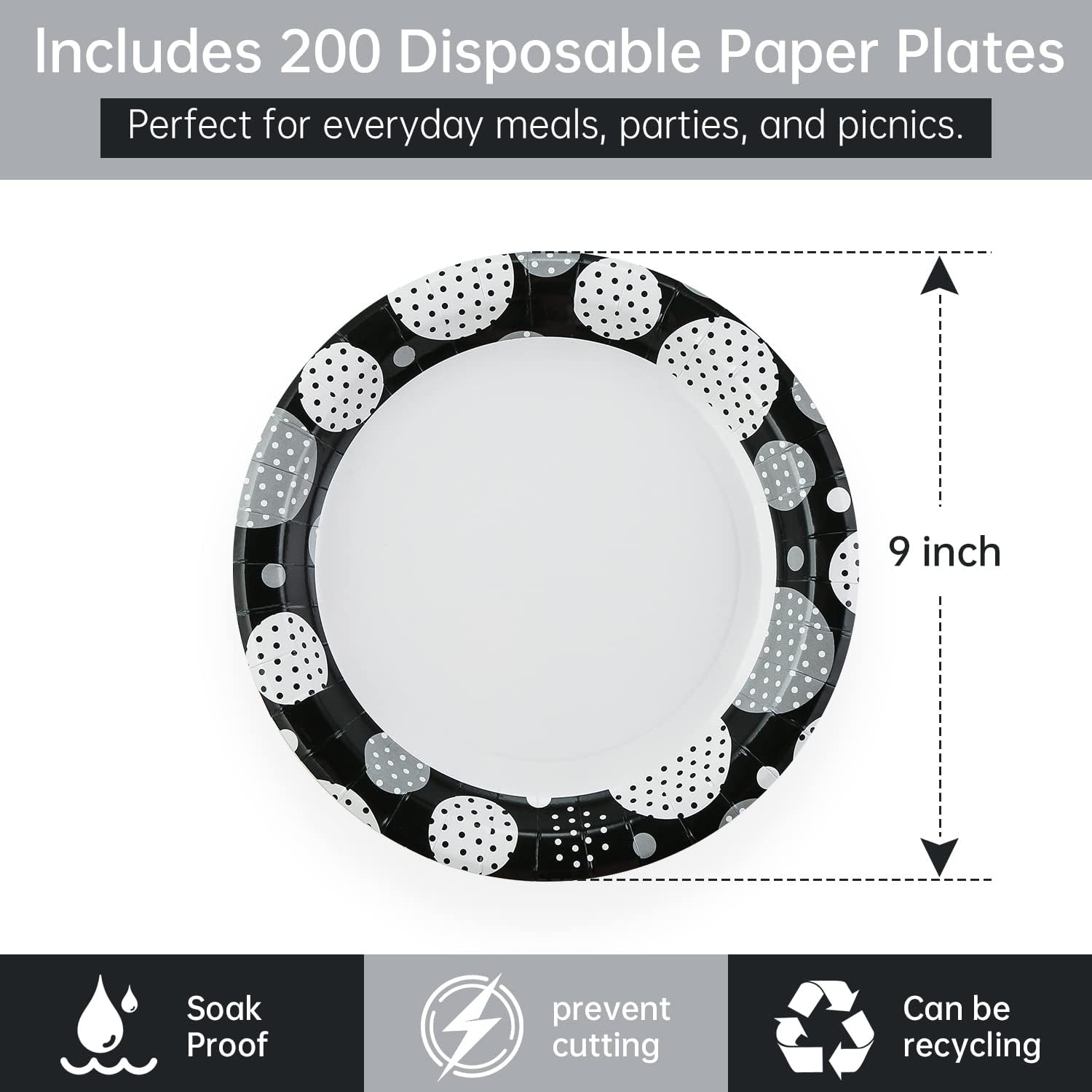 lanweilou Black Dots Paper Luncheon Plates For Everyday Use,For All Occasions,9 Inch Size,Printed Disposable,200 Count