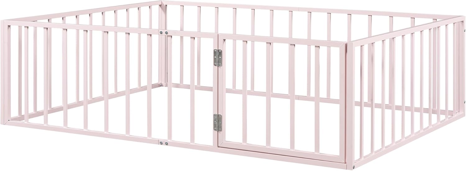 Cama de suelo de tamaño matrimonial para niños, camas Montessori con rieles y puerta, marco de cama de metal con valla para niños y niñas, rosa