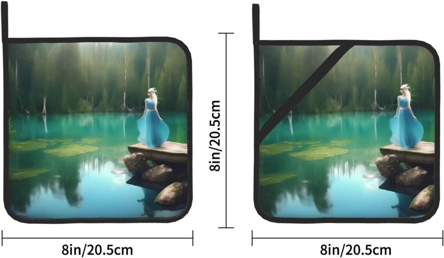 Juego de almohadillas calientes de 8 x 8 pulgadas con estampado de hadas de lago, antideslizante, resistente al calor, para hornear y cocinar