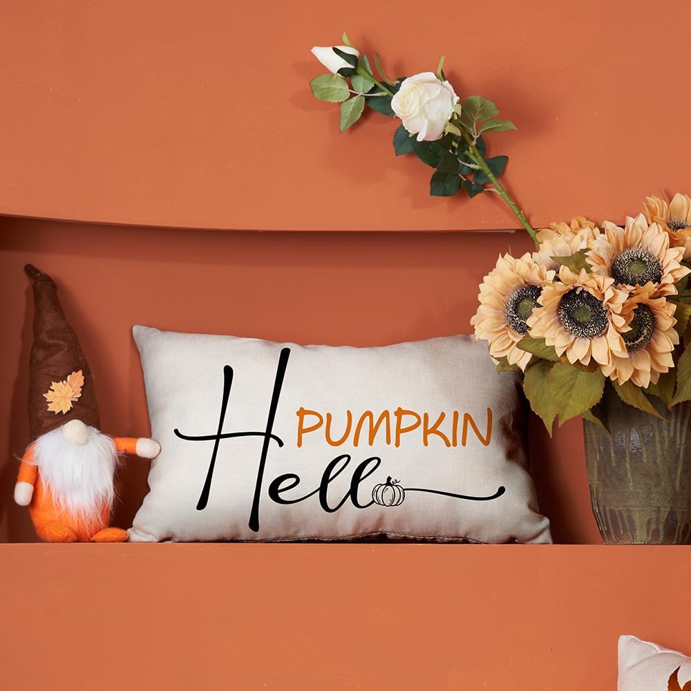 DFXSZ Fundas de almohada de otoño de 12 x 20 pulgadas, funda de cojín de calabaza con texto en inglés “Hello Pumpkin”, decoración de otoño, para