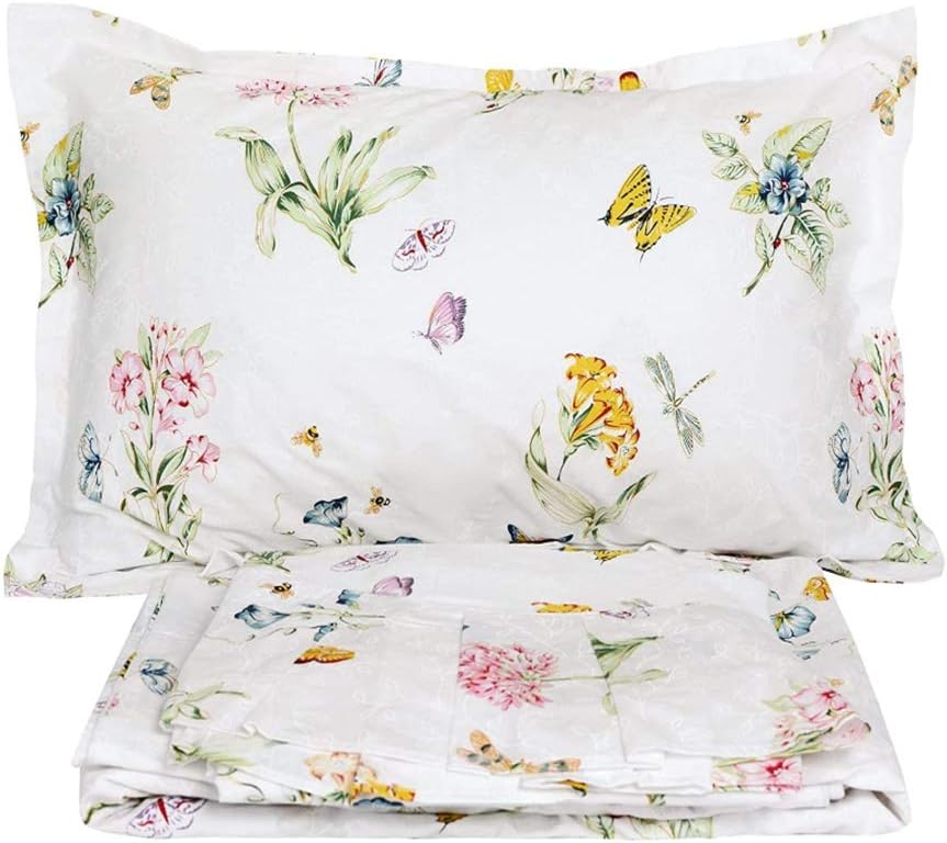 Juego de sábanas florales blancas tamaño Queen, 100% algodón, 600 hilos, diseño floral desgastado con estampado de mariposas, bolsillo profundo,