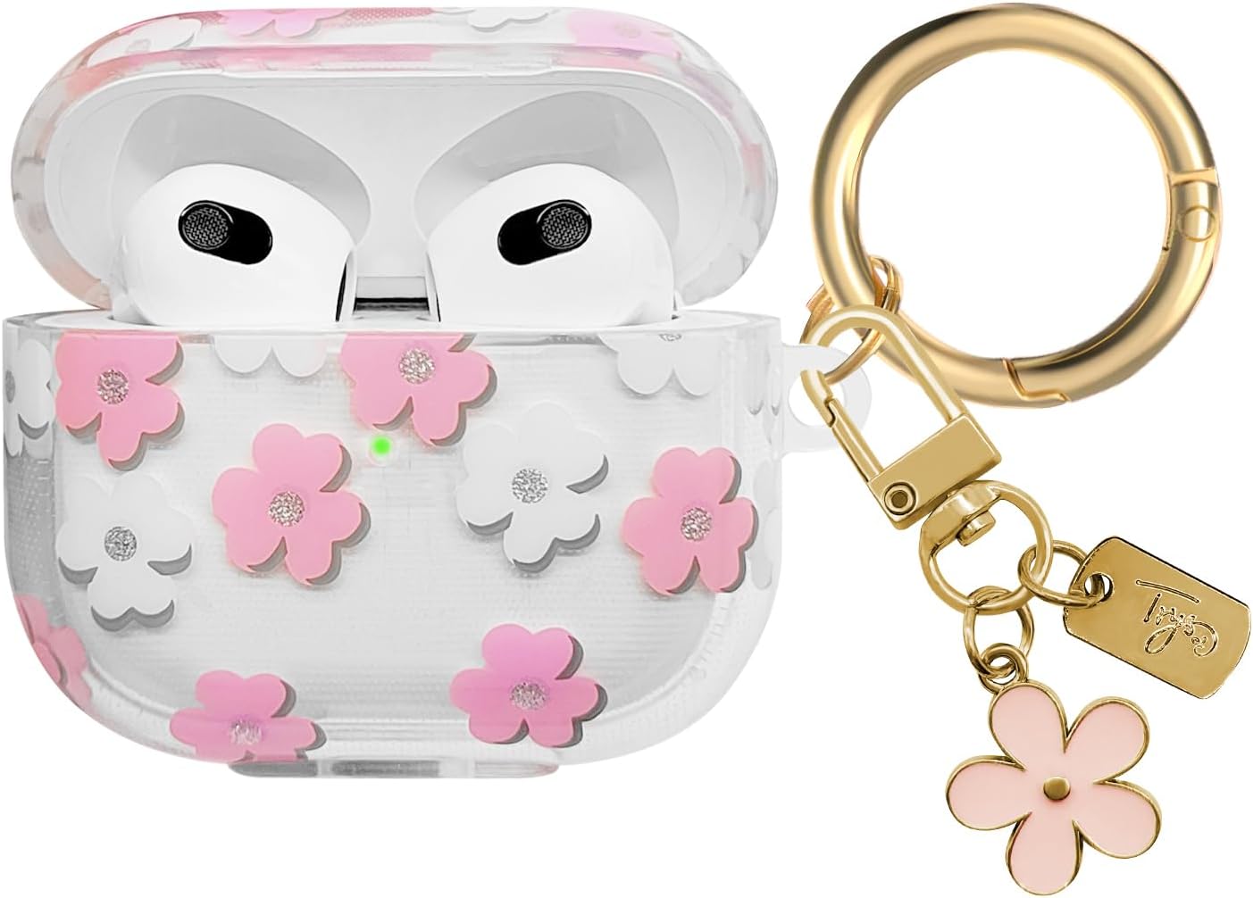 Funda compatible con AirPods 3 2021, funda de TPU suave con bonito patrón de flores para AirPods de 3 generación con llavero de flores y mosquetón