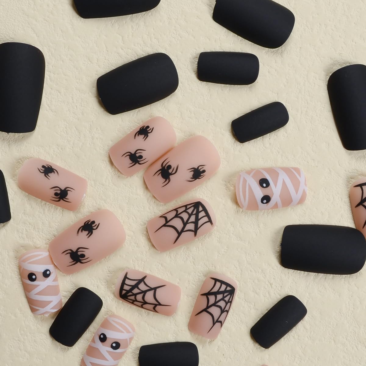 24 uñas postizas cuadradas medianas con telarañas, diseño de arañas, arañas, diseño de arañas zombies, uñas adhesivas de cobertura completa, uñas