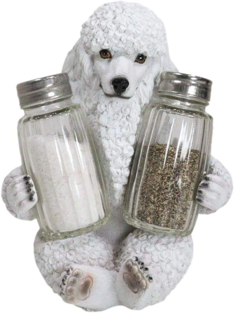 Ebros – Figura realista de cristal para perros caniches franceses blancos arreglados para salero y pimentero, 6.25 pulgadas de alto, caprichoso