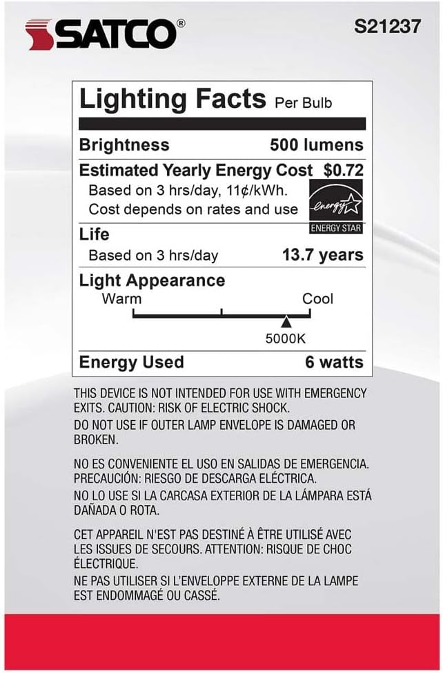 Satco Bombillas LED E26 de 6 vatios, 5000 K, clasificación de 15000 horas, regulables, paquete de 6