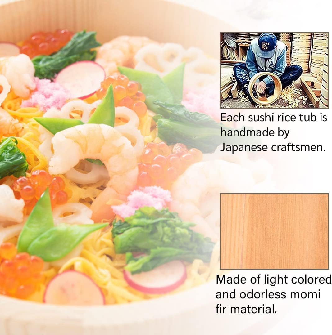 TIKUSAN Hangiri – Tina de mezcla de arroz Hangiri de madera, banda de PP con tapa, hecha en Japón, hecha de abeto Momi, sushi, arroz, sushi oke,