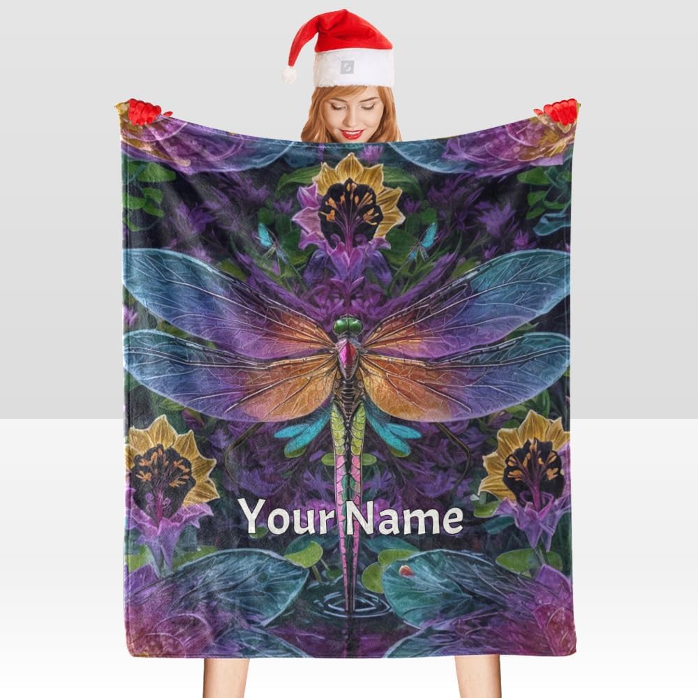 Manta personalizada con texto del nombre, manta personalizada de libélula de forro polar súper suave para sofá, cama (50 x 60 pulgadas)