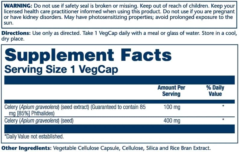 SOLARAY Extracto de semilla de apio 100 mg  85% ftaluros  Apoyo general para la salud de las articulaciones  Sin OMG, vegano  30 cápsulas vegetales