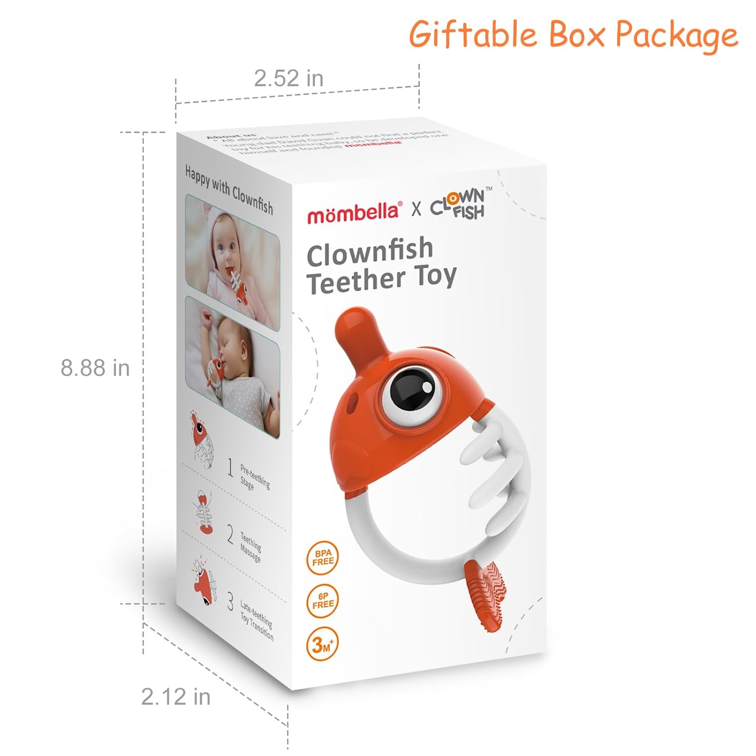 Mombella Clownfish – Juguetes mordedores para bebés, juguetes de dentición para bebés de 0, 3, 6, 12 meses con clip, mordedores de silicona suave y