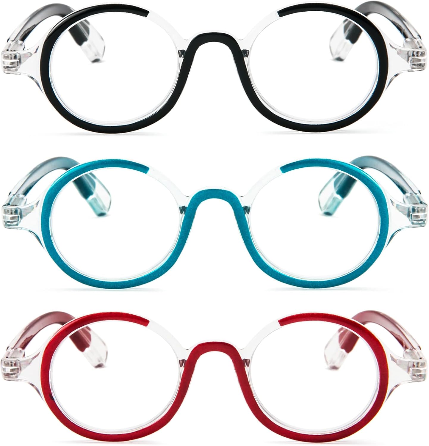KoKoBin Paquete de 3 lentes de lectura redondos pequeños, cómodos lectores, marco elegante de colores para mujeres y hombres
