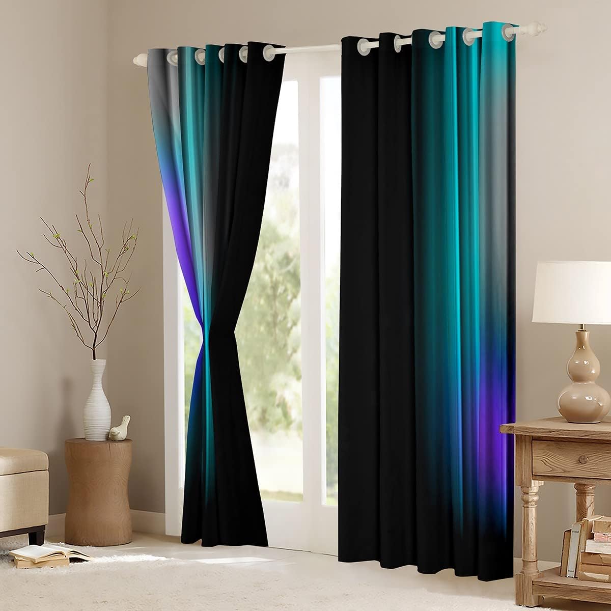 Cortinas geométricas abstractas degradadas para adolescentes, color verde azulado y azul, gris, negro, a rayas, para dormitorio, sala de estar,