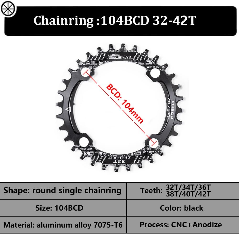 Cyclon Juego de bielas cuadradas de una sola velocidad, 6.693 in de bicicleta de montaña con 104BCD 32T34T36T38T40T42T, plato negro redondo de