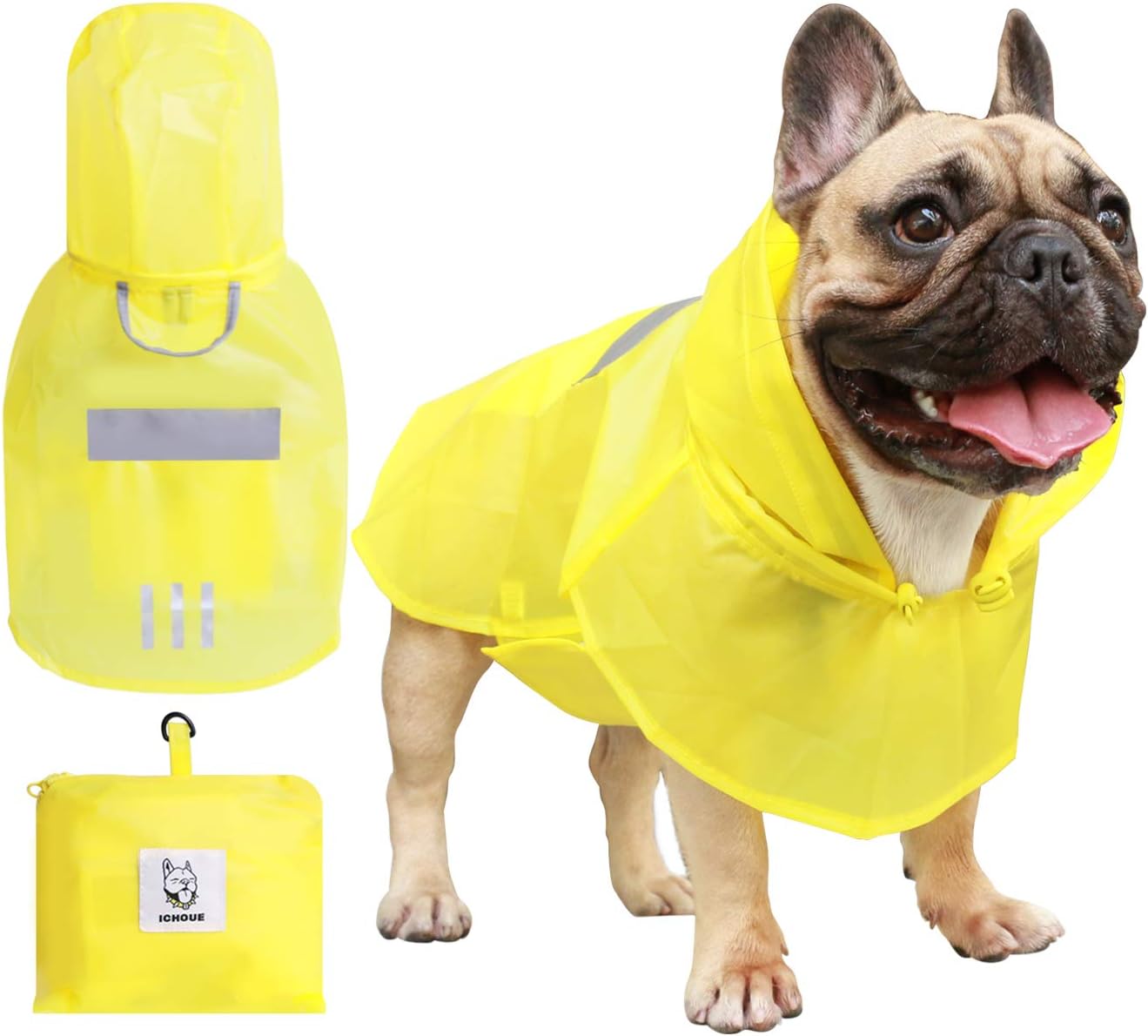 iChoue Chubasquero para perro, impermeable, ajustable, con correas reflectantes, ligera, para bulldog francés grande (amarillo, L)