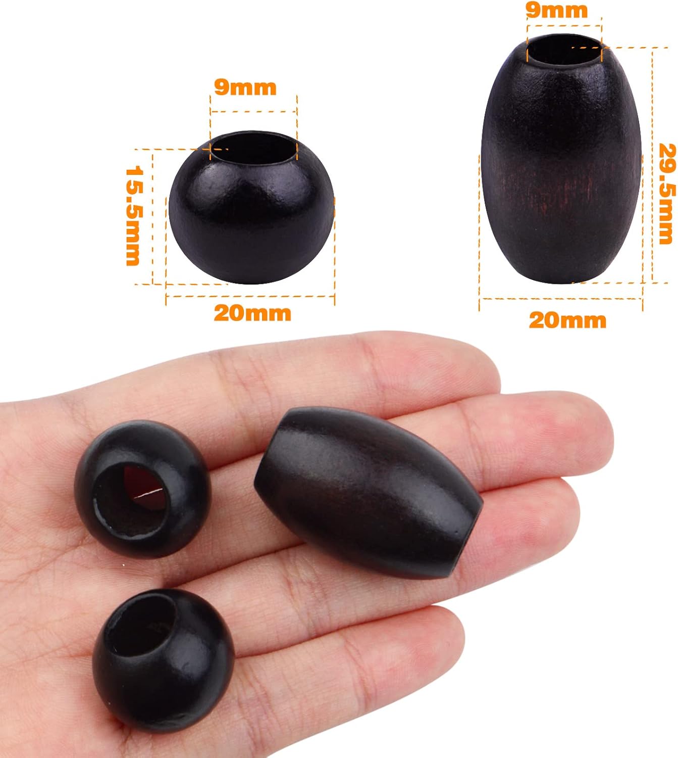 BronaGrand 100 cuentas espaciadoras de madera natural, cuentas ovaladas de barril, cuentas redondas sueltas con agujero grande de 0.315 pulgadas