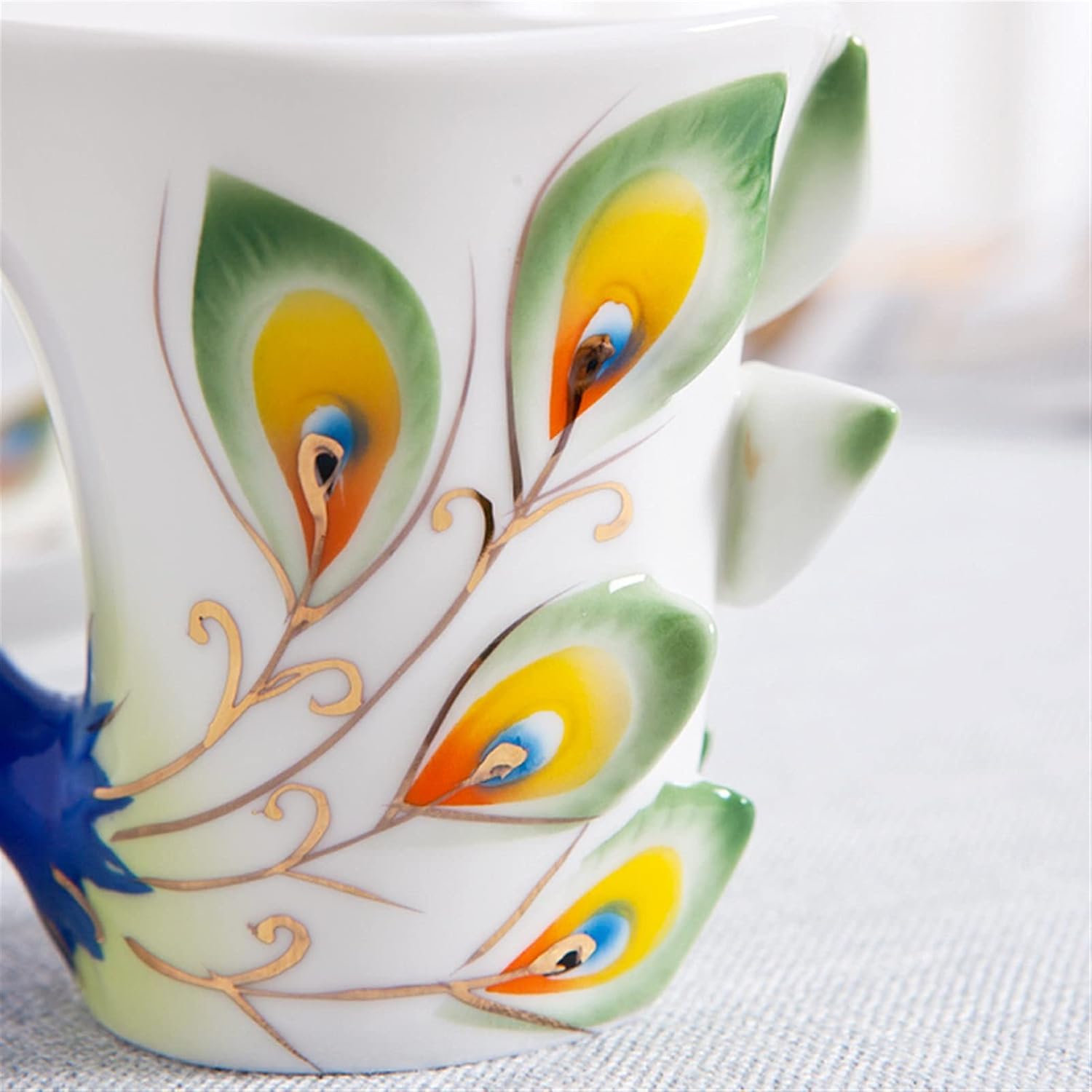 Taza, taza de escritorio de café, taza de cerámica creativa 3D hecha a mano de porcelana esmaltada de pavo real taza de café con platillo y cuchara,