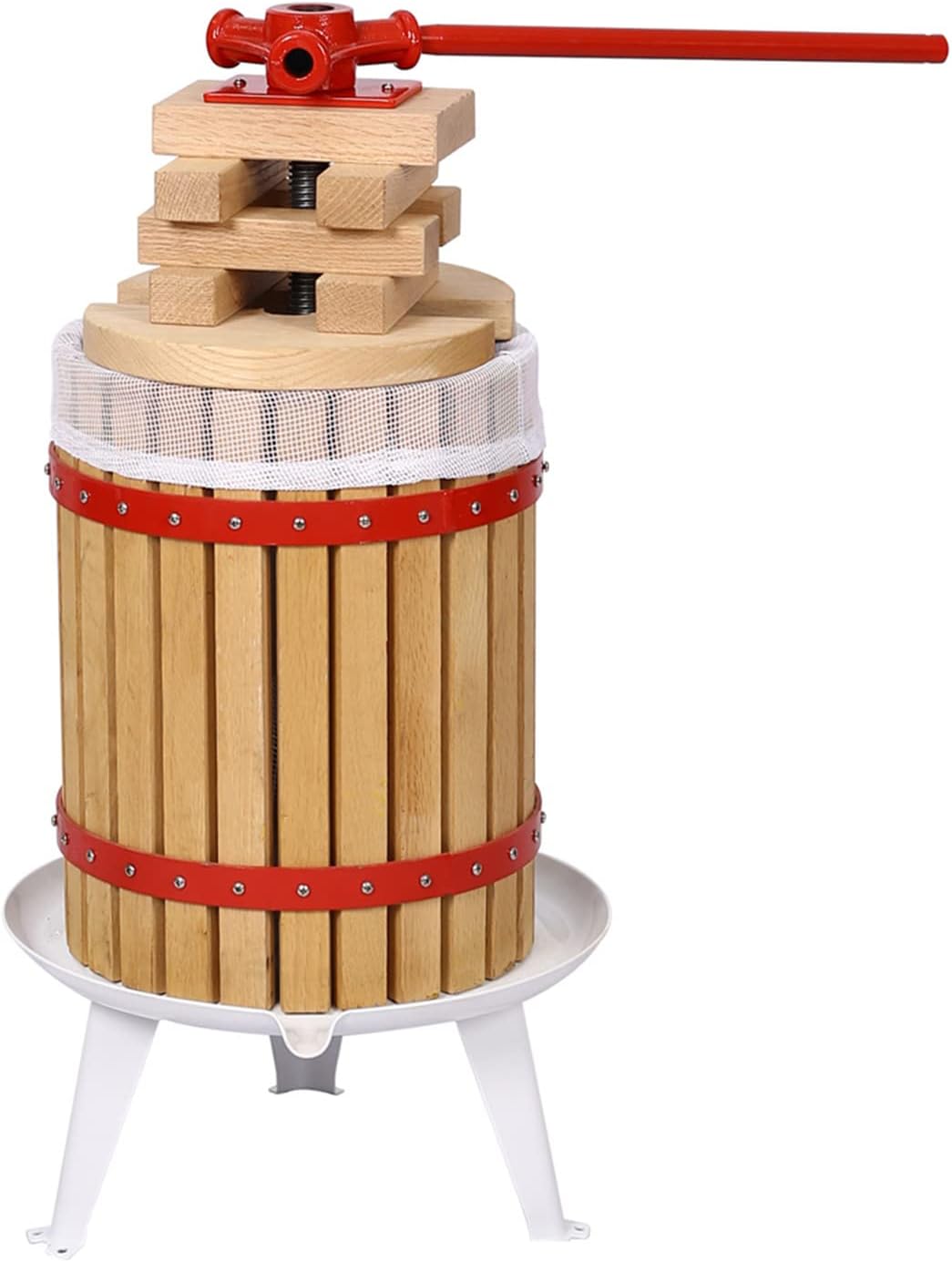 Prensa de vino de frutas de 4.8 galones18 litros, prensa manual de uva de hierro fundido para elaboración de vino, cesta de madera 100% natural con
