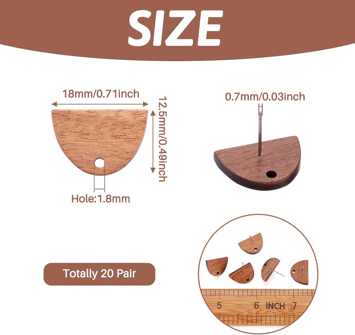 Pandahall – 20 pares de aretes de madera de nogal semicircular de 0.492 x 0.709 in de color marrón coco con pasador de acero inoxidable 316 para