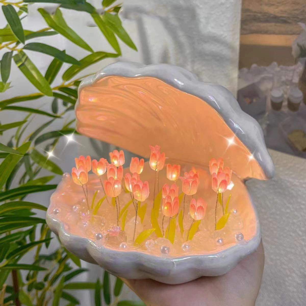 Luz nocturna de tulipán, lámpara de mesa de concha de 20 flores, 2 en 1, LED portátil hecha a mano, decoración de dormitorio, regalo creativo para