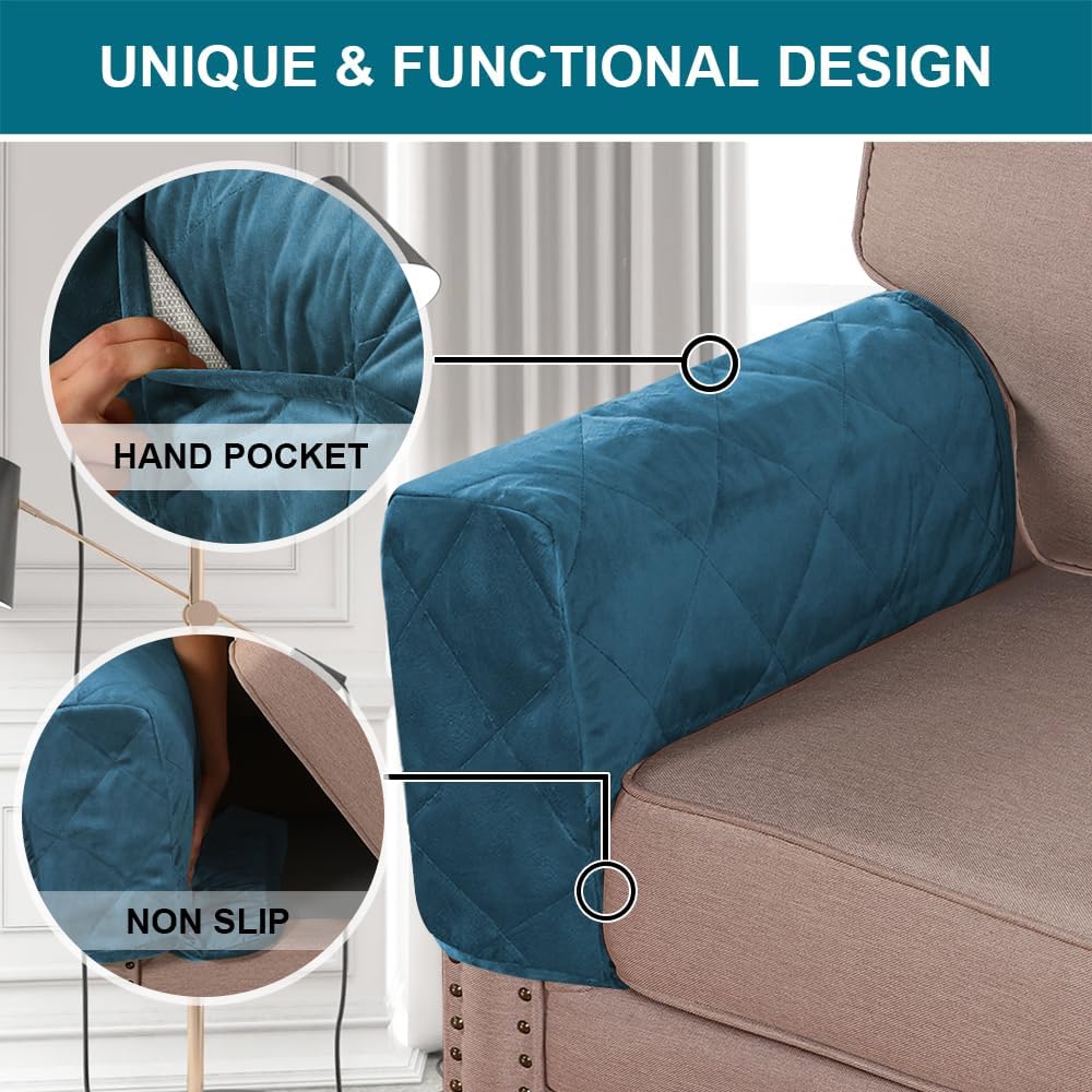 Turquoize Fundas de terciopelo para reposabrazos para sillas y sofás, fundas para reposabrazos de sofá reclinable con bolsillo lateral, fundas