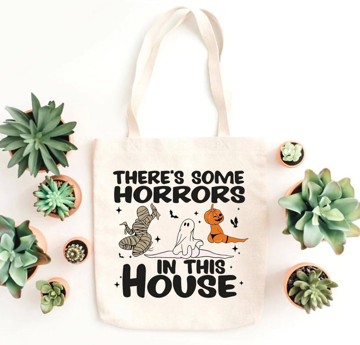 Bolsa de lona de Halloween para mujer, con texto en inglés “There Some Horrors in this House”, bolsa de compras ecológica