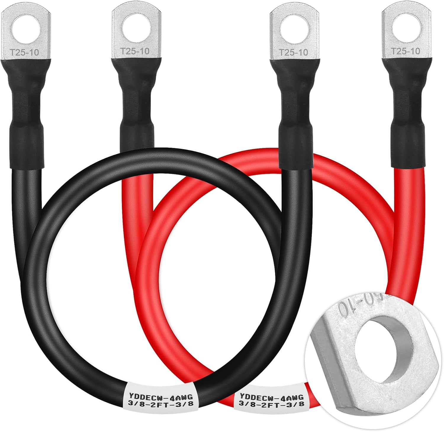 Cable de batería de calibre 4 de 2 pies, cables inversores de energía de batería 4AWG (1 positivo y 1 negativo) con terminales de terminales de 38