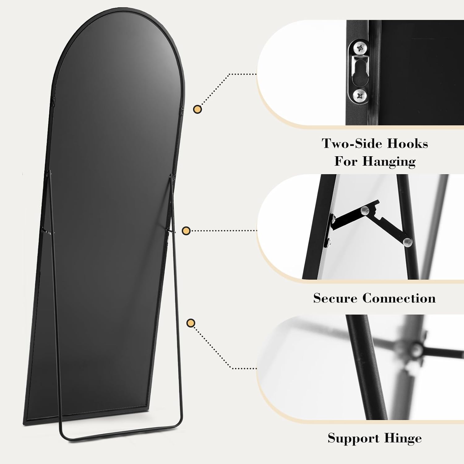 DUMOS Espejo arqueado de longitud completa de 59 x 16 pulgadas con soporte, espejo de piso con marco de aleación de aluminio para dormitorio, espejo