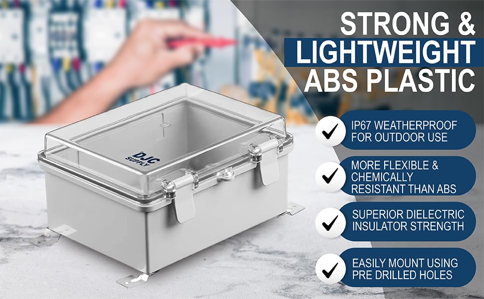 DJC Supply Co. ABS 6.6″ x 8.7″ x 4.3″ impermeable IP67 caja electrónica con bisagras con placa de montaje, soporte, cubierta de plástico y clips