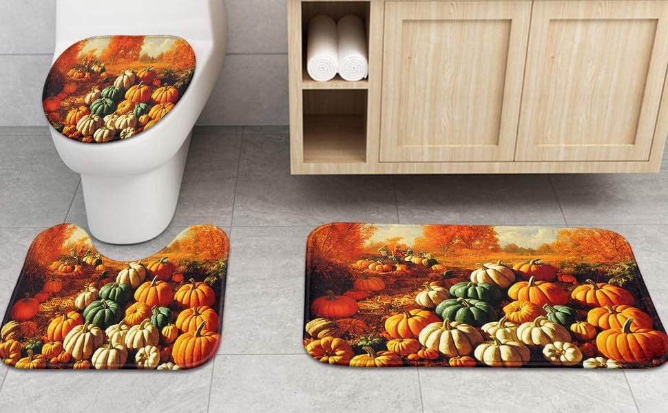 ArtSocket Juego de cortina de ducha de otoño Batheoom con alfombras, juego de baño naranja con alfombra antideslizante, cubierta de tapa de inodoro,