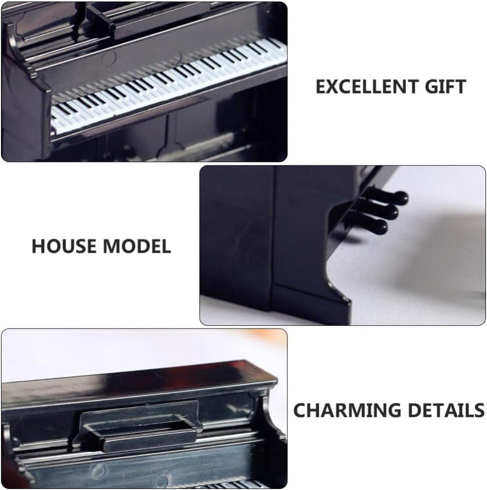 Piano de casa de muñecas, mini juguete de piano vertical, de simulación en miniatura, piano vertical de plástico con taburete y partitura musical,