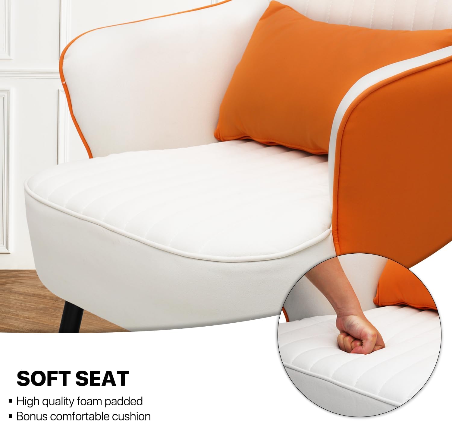 MoNiBloom Mid-Century – Silla moderna y cómoda con brazo para dormitorio y sala de estar, silla tapizada de cuero blanconaranja con almohada lumbar
