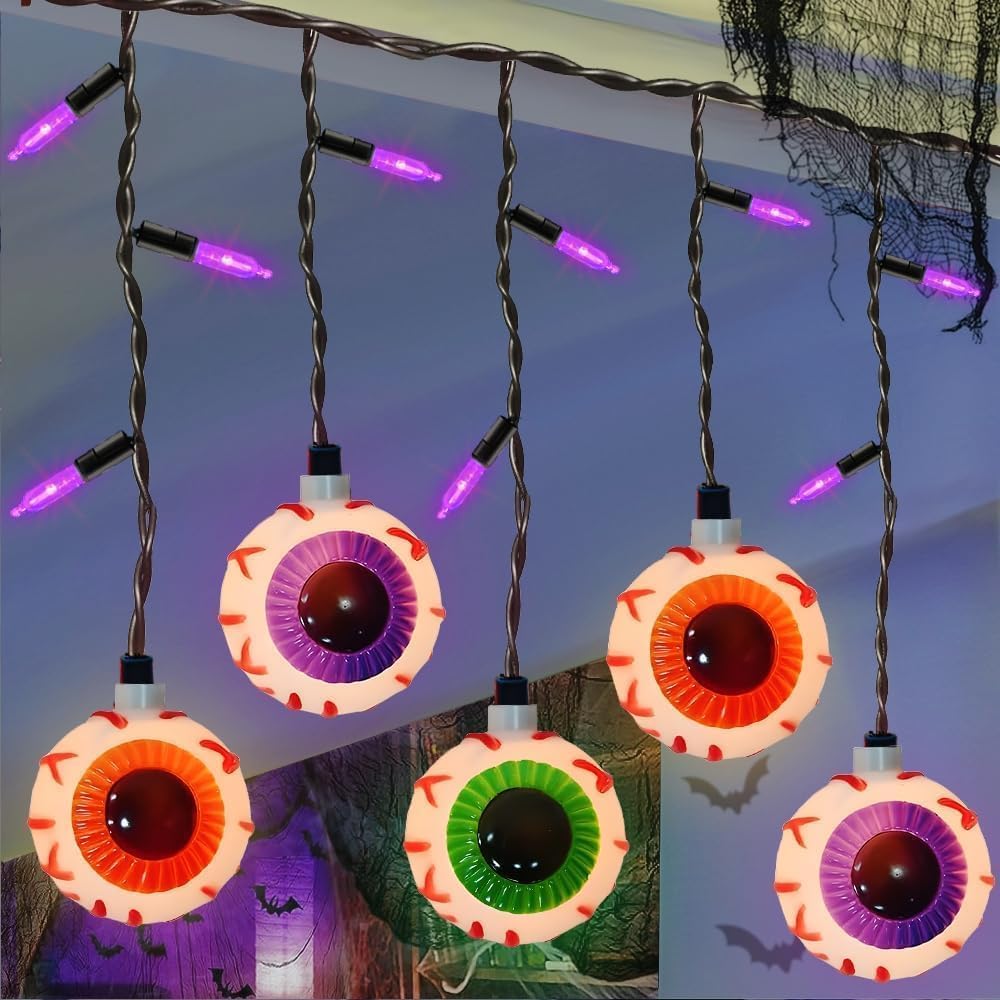Guirnalda de luces de globos oculares de 7 pies con 10 luces multicolor (15 mini lámparas moradas), certificación UL, resistente al agua para