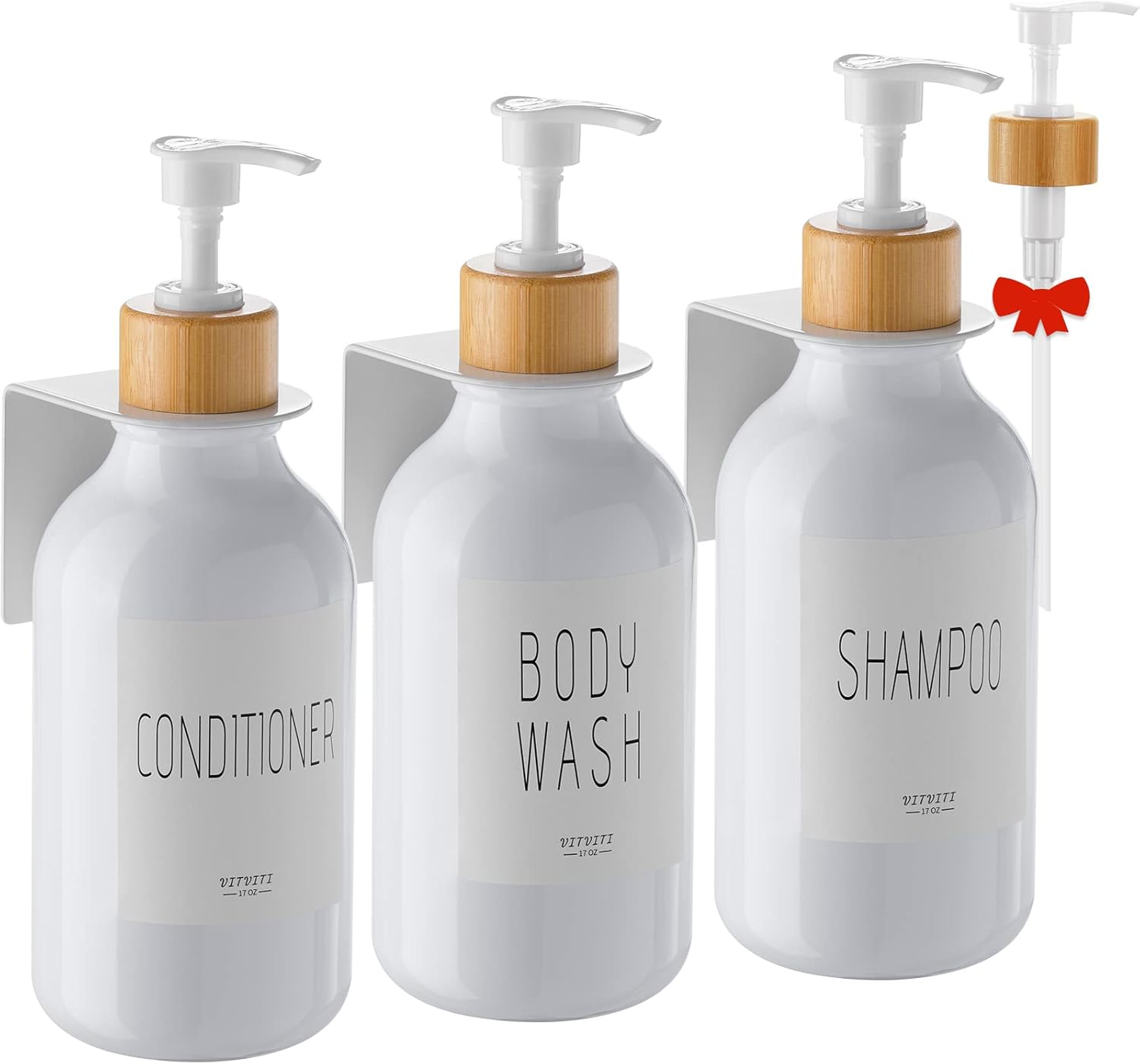 VITVITI Shampoo and Conditioner Dispenser, Body Wash Shower Soap Dispenser Wall Mounted 3 Chamber, Drill Free 17oz Plastic Shower Bottles for