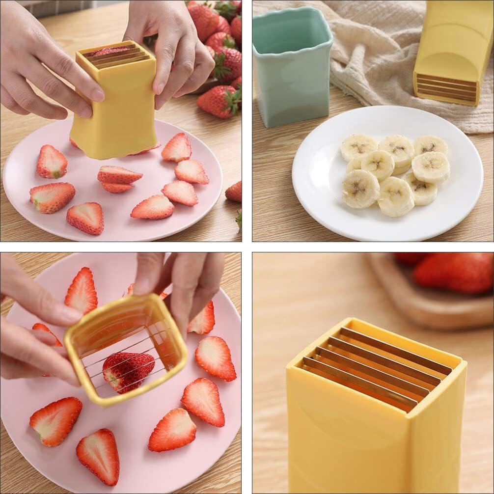 JOYSAND Paquete de 2 rebanadoras de fresas, cortador de frutas, cortador de huevos, cortador de tazas, taza de acero inoxidable para frutas suaves,