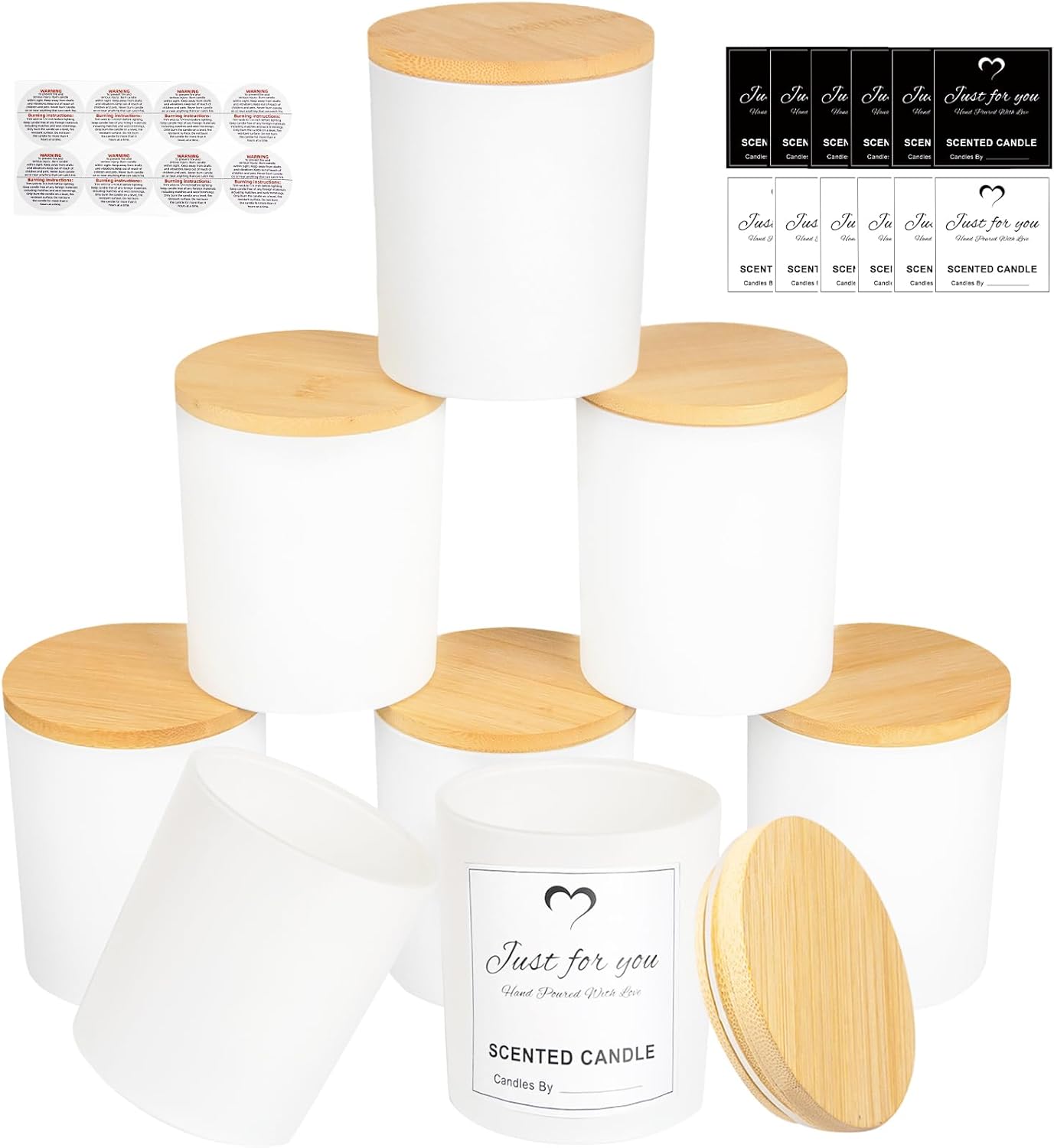 CONNOO Paquete de 8 tarros de vela de vidrio blanco vacíos de 14 onzas para hacer velas con tapas de bambú y etiquetas adhesivas, tarros de velas a