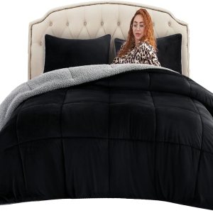 MERITLIFE Juego de edredón lujoso y esponjoso de color negro, tamaño Queen, de microvisón, sherpa de 3 piezas, juego de cama tamaño Queen de doble MERITLIFE Juego de edredón lujoso y esponjoso de color negro, tamaño Queen, de microvisón, sherpa de 3 piezas, juego de cama tamaño Queen de doble