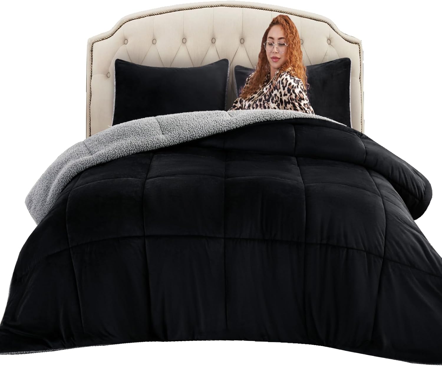 Juego de edredón de 3 piezas de microvisón Sherpa negro de alta calidad, cálido y acogedor forro polar para invierno, 2 fundas de almohada,