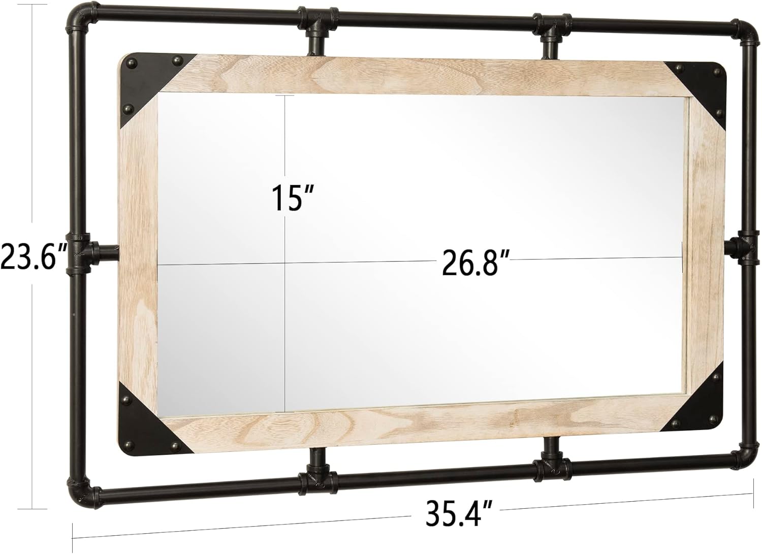 Espejo de tubo industrial rústico  36 x 24 pulgadas, espejo de pared rectangular de metal decorativo para baño, sala de estar, dormitorio, espejo de