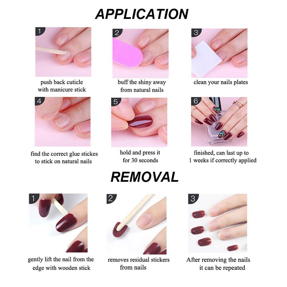 Magrace Uñas postizas medianas con diseño de almendra, uñas postizas francesas con diseños, 24 unidades, uñas adhesivas para mujer