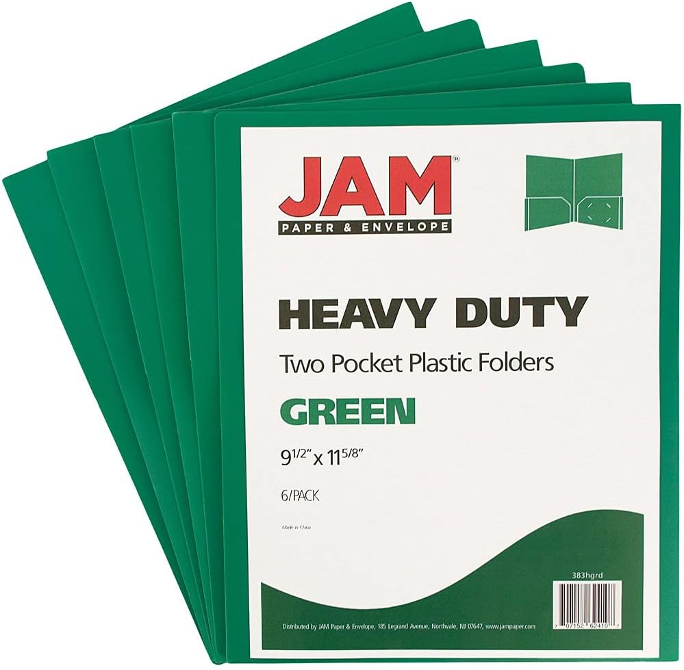 JAM PAPER – Carpetas escolares de plástico resistente con 2 bolsillos, color verde, paquete de 6